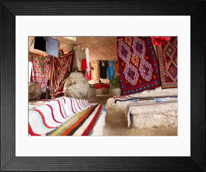 Framed Print : Display of local cloths and carpets, Mides Oasis, Tunisia, North Africa, Africa