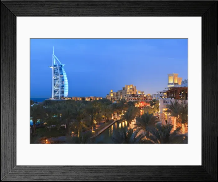 Framed Print : Burj Al Arab viewed from the Madinat Jumeirah Hotel at dusk, Jumeirah Beach