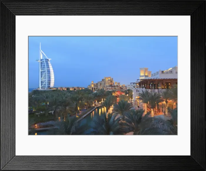 Framed Print : Burj Al Arab viewed from the Madinat Jumeirah Hotel at dusk, Jumeirah Beach Framed Print : Burj Al Arab viewed from the Madinat Jumeirah Hotel at dusk, Jumeirah Beach