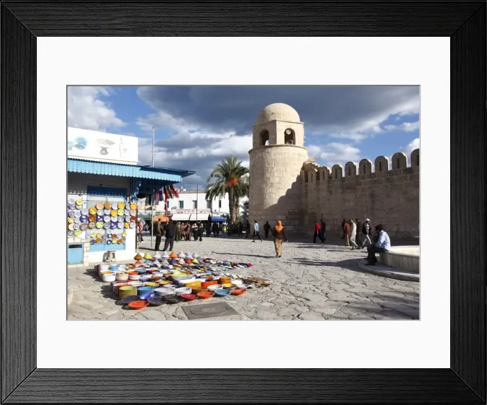 Framed Print : Pottery shop display outside the Great Mosque, Place de la Grande Mosque Framed Print : Pottery shop display outside the Great Mosque, Place de la Grande Mosque
