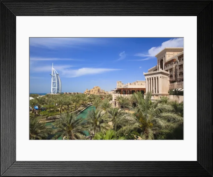 Framed Print : Burj Al Arab and Madinat Jumeirah in foreground, the iconic Burj Al Arab is the Worlds tallest hotel at 321 metres, Jumeirah, Dubai, United Arab Emirates