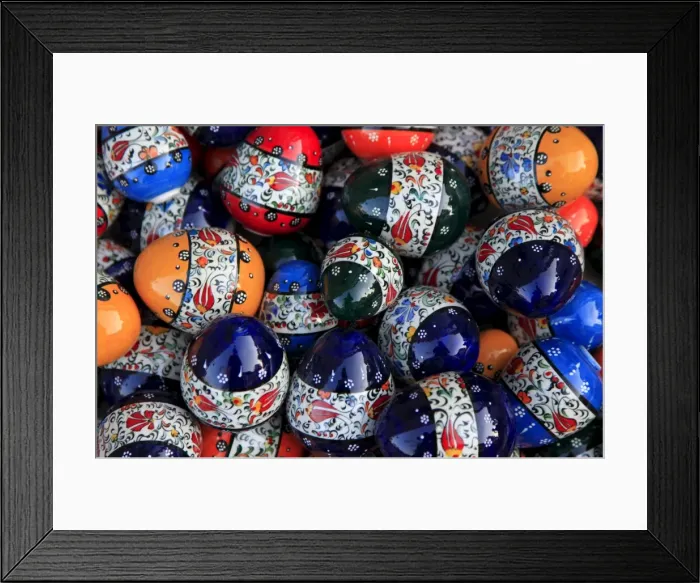 Framed Print : Traditional Turkish decorative pottery on display in a market stall in the old city of Antayla