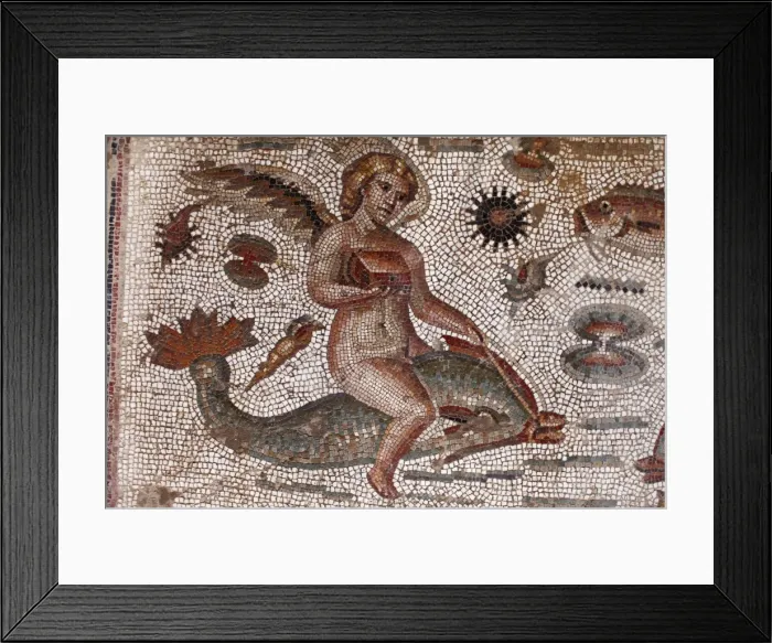Framed Print : Angel riding on a dolphin, part of the Amphitrite Roman mosaic, House of Amphitrite Framed Print : Angel riding on a dolphin, part of the Amphitrite Roman mosaic, House of Amphitrite
