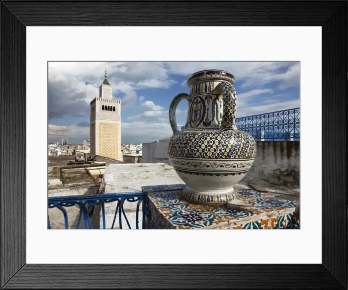 Framed Print : Minaret of the Great Mosque (Jamaa el Zitouna ) and local pottery, Medina Framed Print : Minaret of the Great Mosque (Jamaa el Zitouna ) and local pottery, Medina
