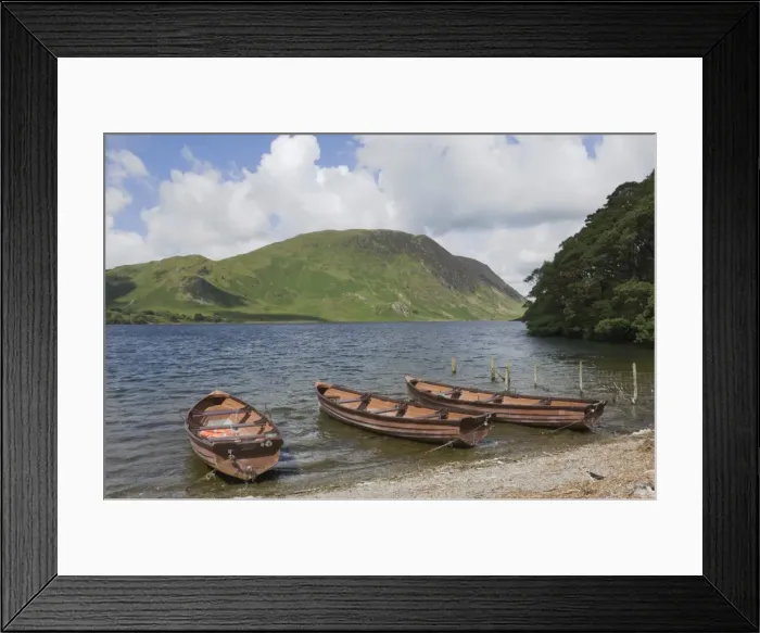 Framed Print : Fishermens boats on Crummock Water, Lingmell Fell in background, Lake District National Park Framed Print : Fishermens boats on Crummock Water, Lingmell Fell in background, Lake District National Park