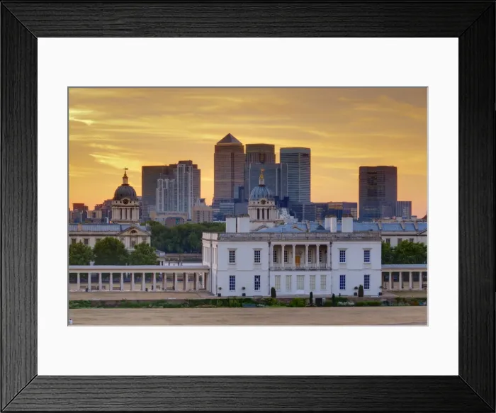 Framed Print : National Maritime Museum with Canary Wharf in Dockland on skyline, Greenwich Framed Print : National Maritime Museum with Canary Wharf in Dockland on skyline, Greenwich