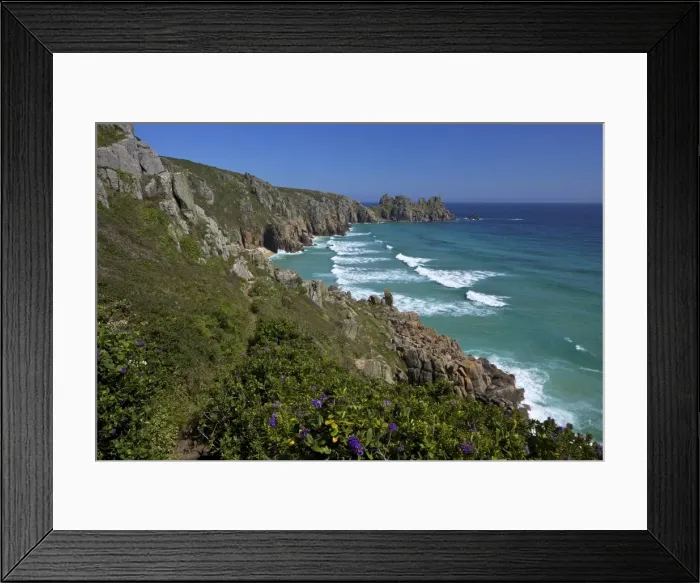 Framed Print : Surf and turquoise sea at Pednvounder beach in summer sunshine, Treen Cliff Framed Print : Surf and turquoise sea at Pednvounder beach in summer sunshine, Treen Cliff