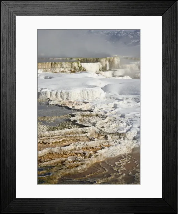 Framed Print : Main Terrace Hot Spring with snow, Mammoth Hot Springs, Yellowstone National Park Framed Print : Main Terrace Hot Spring with snow, Mammoth Hot Springs, Yellowstone National Park