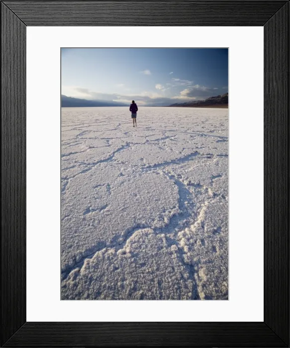 Framed Print : Woman walking on salt flats, Badwater Basin, at minus 282 feet the lowest point in the United States, Death Valley National Park, California, United States of America Framed Print : Woman walking on salt flats, Badwater Basin, at minus 282 feet the lowest point in the United States, Death Valley National Park, California, United States of America
