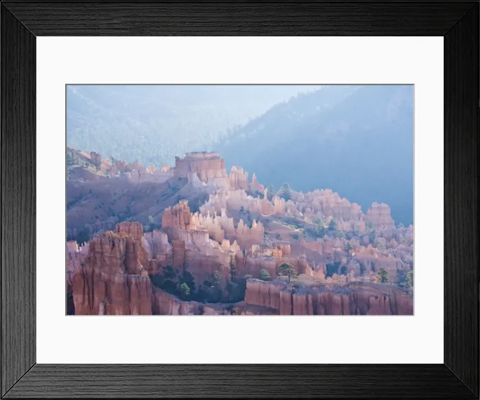 Framed Print : Backlit sandstone hoodoos in Bryce Amphitheater, Bryce Canyon National Park