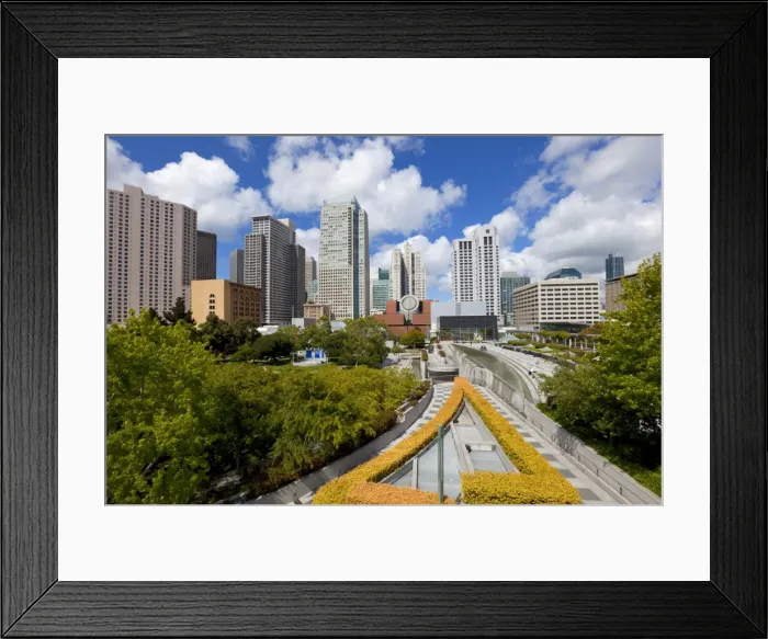 Framed Print : Yerba Buena Gardens, in the shadow of the Financial District towers and the Museum of Modern Art Framed Print : Yerba Buena Gardens, in the shadow of the Financial District towers and the Museum of Modern Art