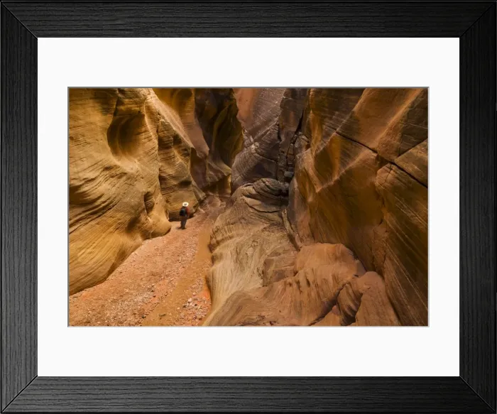 Framed Print : Hiker walking down the stream between eroded entrada sandstone slot canyon walls at Willis creek Framed Print : Hiker walking down the stream between eroded entrada sandstone slot canyon walls at Willis creek