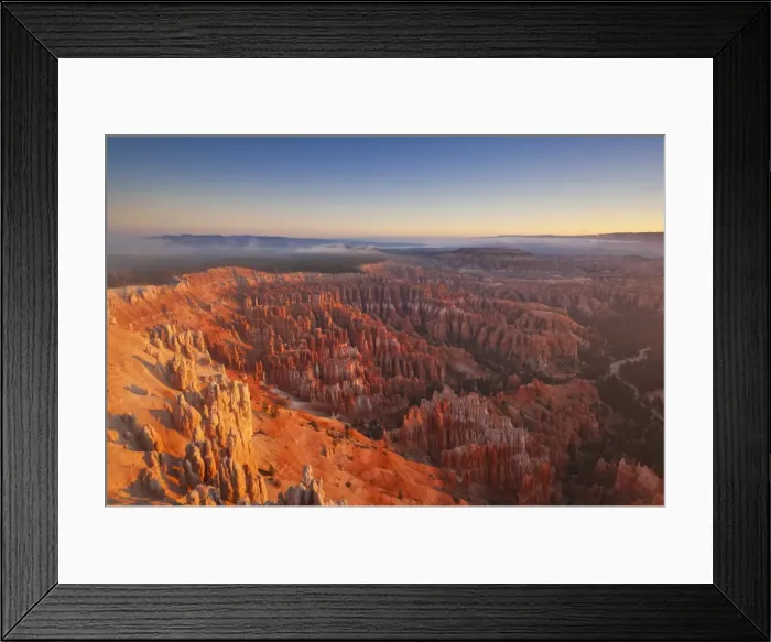 Framed Print : Sandstone hoodoos in Bryce Amphitheater, sunrise with low mist, Bryce Canyon National Park