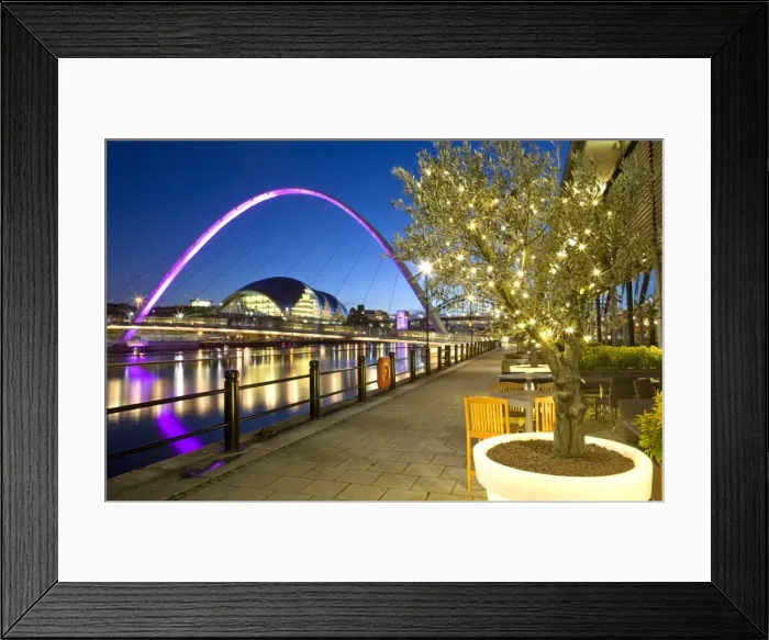 Framed Print : View along Newcastle Quayside at night showing the River Tyne, the floodlit Gateshead Millennium Bridge and the Sage Gateshead, Newcastle-upon-Tyne, Tyne and Wear, England, United Framed Print : View along Newcastle Quayside at night showing the River Tyne, the floodlit Gateshead Millennium Bridge and the Sage Gateshead, Newcastle-upon-Tyne, Tyne and Wear, England, United