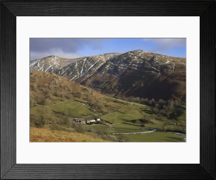 Framed Print : View from Kirkstone Pass showing traditional whitewashed stone farmhouse dwarfed by nearby fells Framed Print : View from Kirkstone Pass showing traditional whitewashed stone farmhouse dwarfed by nearby fells
