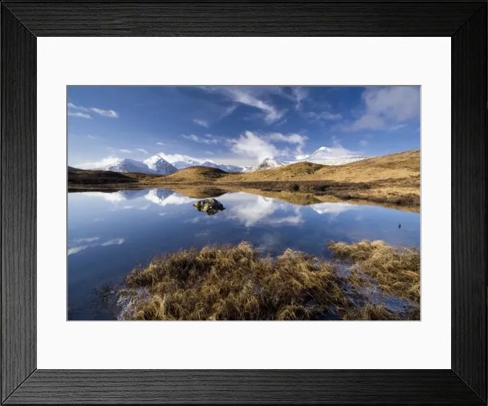 Framed Print : Black Mount Hills covered in snow on a sunny winters day with reflections in a frozen Lochain