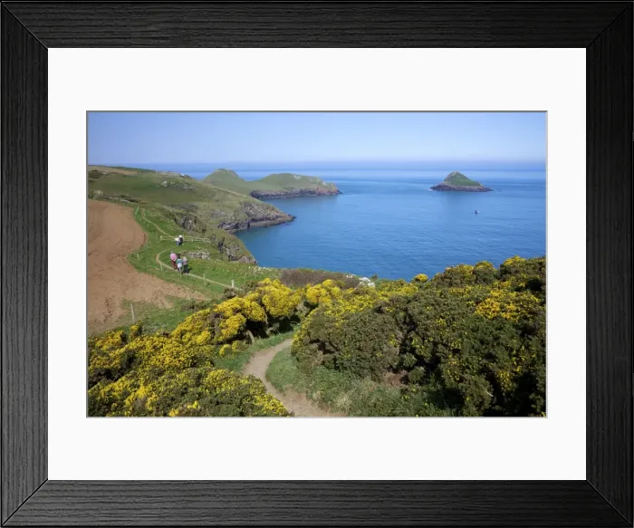 Framed Print : Walkers on coastpath with views of the Mouls and Rumps Point, Pentire Headland