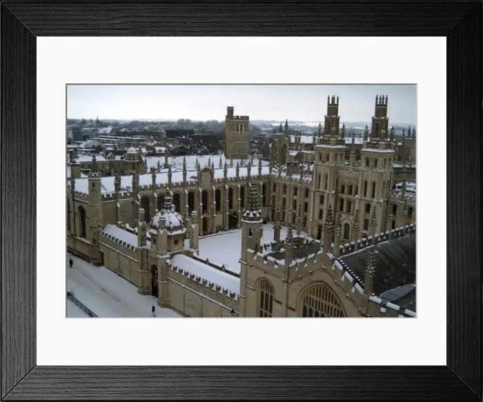 Framed Print : View of a snow-covered All Souls College from the tower of St. Marys Church Framed Print : View of a snow-covered All Souls College from the tower of St. Marys Church