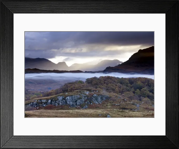 Framed Print : Early morning mist hanging over woodland and moorland near Loch Maree, Poolewe Framed Print : Early morning mist hanging over woodland and moorland near Loch Maree, Poolewe