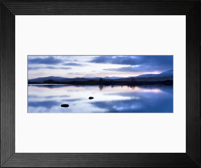 Framed Print : Dawn view of Loch Ba reflecting the sky and distant snow-capped mountains Framed Print : Dawn view of Loch Ba reflecting the sky and distant snow-capped mountains