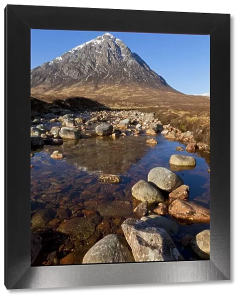 Buachaille Etive Mor and reflection in the River Coupall at the head of Glen Etive
