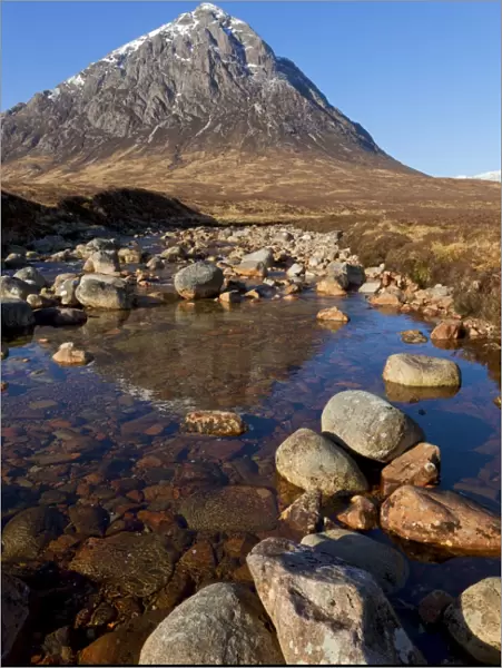 Buachaille Etive Mor and reflection in the River Coupall at the head of Glen Etive