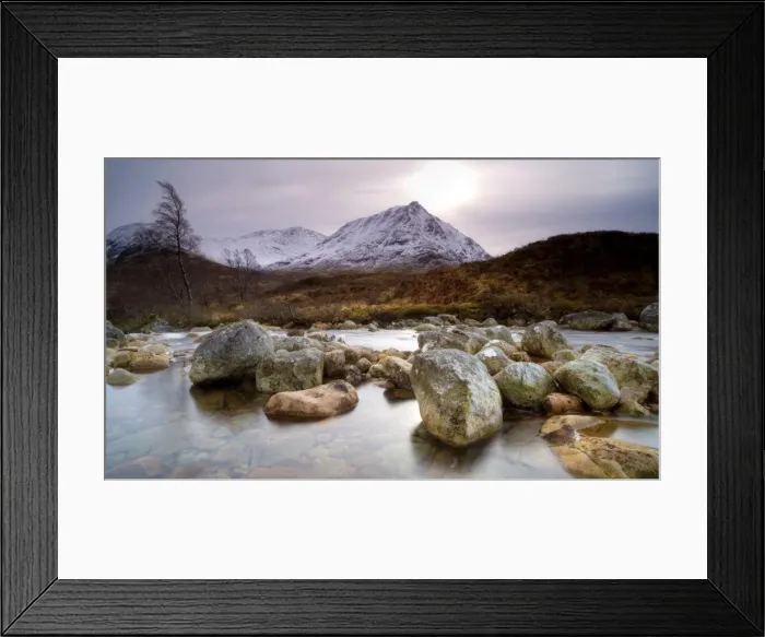 Framed Print : River Coupall, just above the Coupall Falls, looking towards snow-covered mountains Framed Print : River Coupall, just above the Coupall Falls, looking towards snow-covered mountains