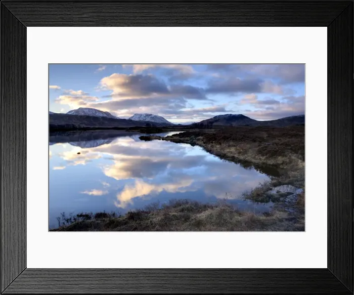 Framed Print : Dawn view of Loch Ba reflecting the sky and distant snow-capped mountains Framed Print : Dawn view of Loch Ba reflecting the sky and distant snow-capped mountains