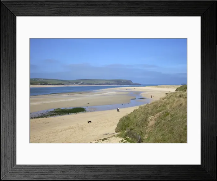 Framed Print : Visitors and tourists walking dogs on beach at Camel estuary near Rock Framed Print : Visitors and tourists walking dogs on beach at Camel estuary near Rock