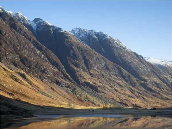 Looking up Glen Coe at Loch Achtriochtan, with the Eagach Ridge of mountains