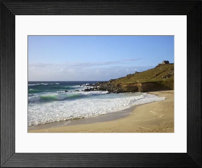 Framed Print : Surf in sea off Porthmeor beach in evening sun, St. Nicholas chapel on the island, St Framed Print : Surf in sea off Porthmeor beach in evening sun, St. Nicholas chapel on the island, St