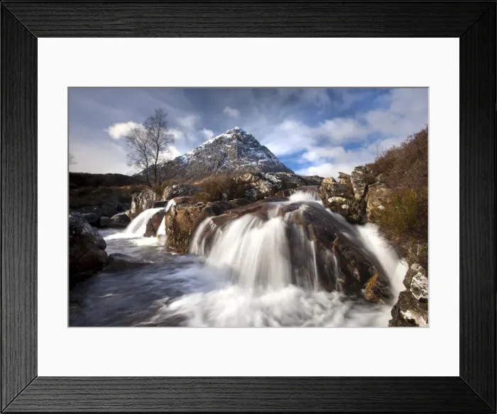 Framed Print : Winter view of Buachaile Etive More from the Coupall Falls on the River Coupall Framed Print : Winter view of Buachaile Etive More from the Coupall Falls on the River Coupall
