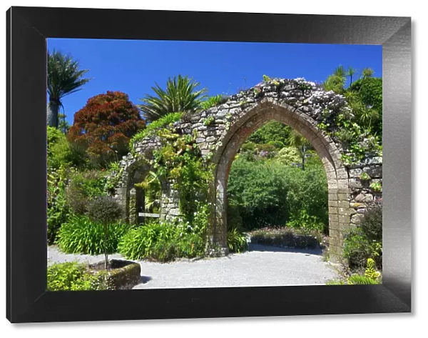Old stone archway from the ruined abbey in the sub-tropical Abbey Gardens