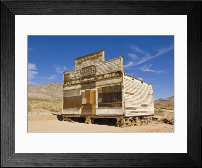 Framed Print : Rhyolite Mercantile, a General Store, in the ghost town of Rhyolite, a former gold mining community Framed Print : Rhyolite Mercantile, a General Store, in the ghost town of Rhyolite, a former gold mining community