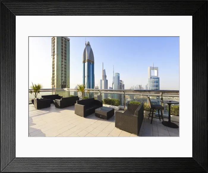 Framed Print : Cityscape seen from rooftop bar, Sheikh Zayed Road, Dubai, United Arab Emirates