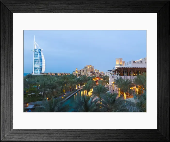 Framed Print : Burj Al Arab and Madinat Jumeirah Hotels at dusk, Dubai, United Arab Emirates Framed Print : Burj Al Arab and Madinat Jumeirah Hotels at dusk, Dubai, United Arab Emirates