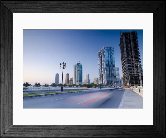 Framed Print : Al Khan Corniche and buildings beside Al Khan Lagoon, Al Qasba Area, Sharjah Framed Print : Al Khan Corniche and buildings beside Al Khan Lagoon, Al Qasba Area, Sharjah