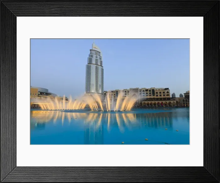 Framed Print : Downtown district with the Dubai Fountain, Address Building and Palace Hotel Framed Print : Downtown district with the Dubai Fountain, Address Building and Palace Hotel