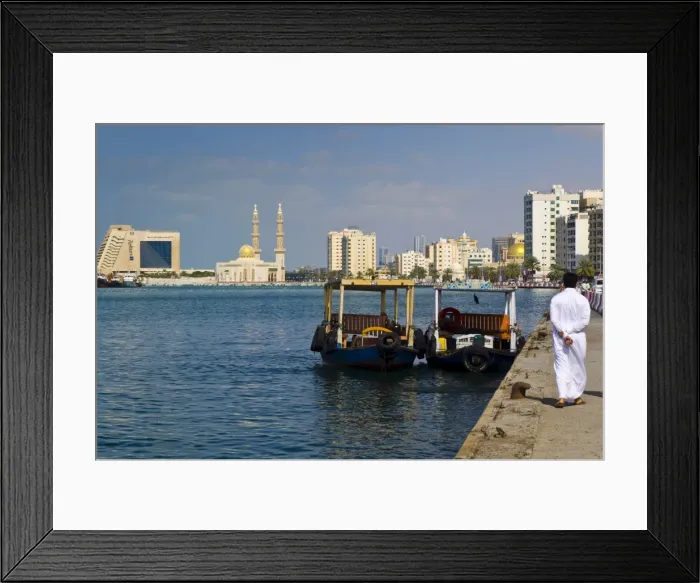 Framed Print : Sharjah Creek, Corniche Mosque and Radisson Blu Resort Hotel, Sharjah, United Arab Emirates Framed Print : Sharjah Creek, Corniche Mosque and Radisson Blu Resort Hotel, Sharjah, United Arab Emirates