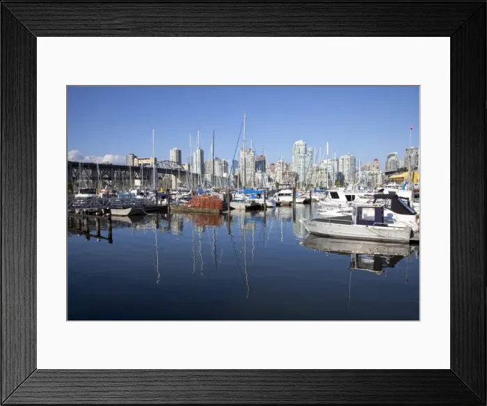 Framed Print : Yachts moored in False Creek at Granville Island with Burrard Bridge, Vancouver
