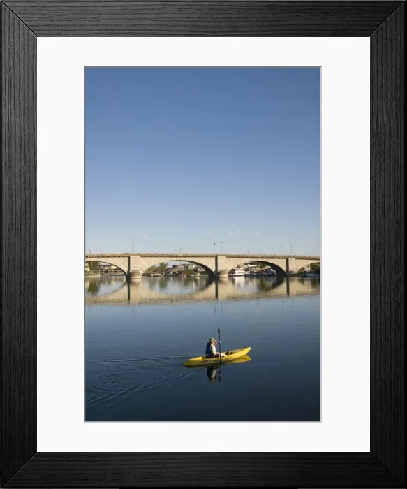Framed Print : Early morning kayaker and London Bridge, Havasu City, Arizona, United States of America Framed Print : Early morning kayaker and London Bridge, Havasu City, Arizona, United States of America