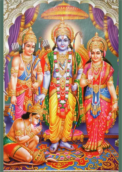Picture of Hindu gods Laksman, Rama, Sita and Hanuman, India, Asia