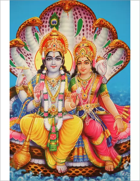 Picture of Hindu gods Visnu and Lakshmi, India, Asia