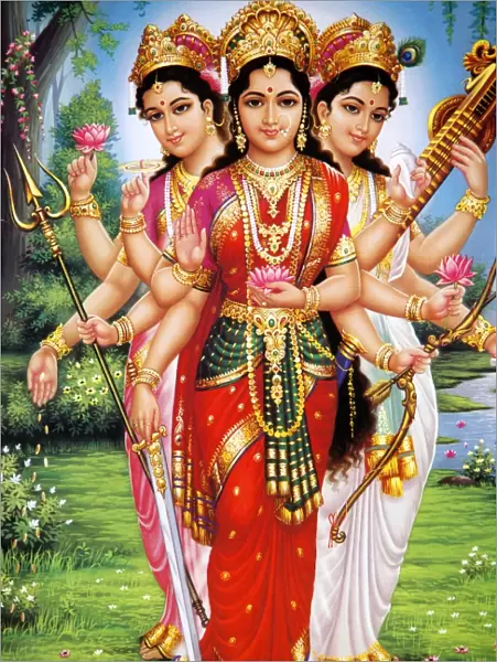 Picture of Hindu goddesses Parvati, Lakshmi and Saraswati, India, Asia