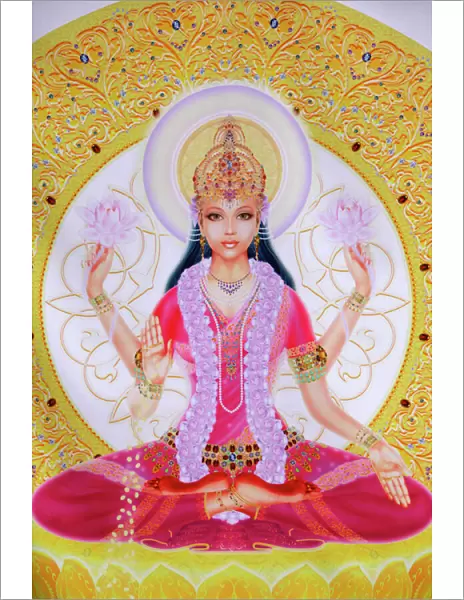Picture of Lakshmi, goddess of wealth and consort of Lord Vishnu, sitting holding lotus flowers