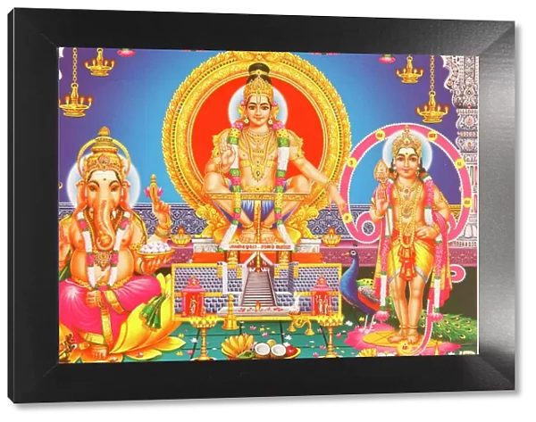 Picture of Hindu gods Ganesh, Ayappa and Subramania, India, Asia