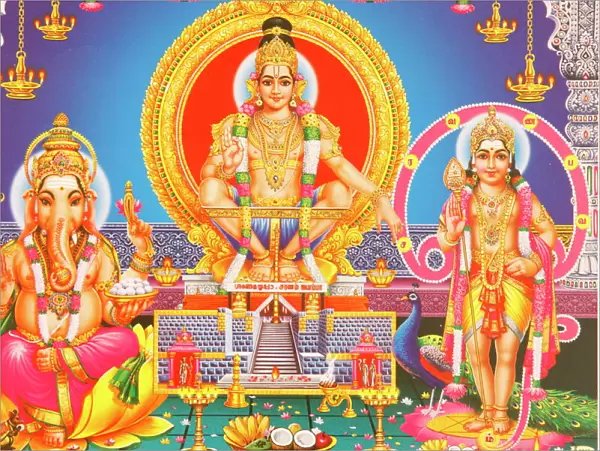 Picture of Hindu gods Ganesh, Ayappa and Subramania, India, Asia
