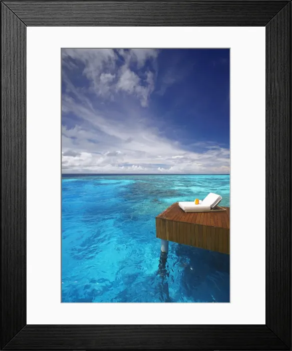 Framed Print : Sun lounger and jetty in blue lagoon, Maldives, Indian Ocean, Asia Framed Print : Sun lounger and jetty in blue lagoon, Maldives, Indian Ocean, Asia