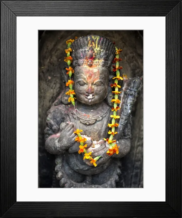 Framed Print : Small shrine with blessing of colourful paint and offerings of food, Swayambhunath