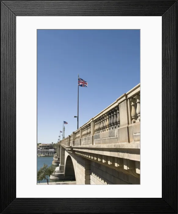 Framed Print : London Bridge with British flag in foreground, Havasu, Arizona, United States of America Framed Print : London Bridge with British flag in foreground, Havasu, Arizona, United States of America
